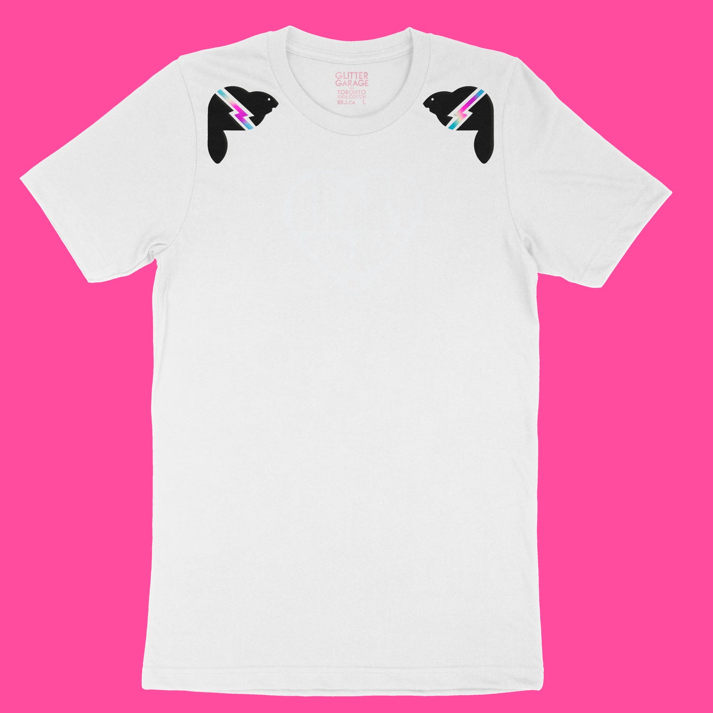 white unisex tee with black beavers with holographic lightning bolts on shoulders - by BBJ Glitter Garage