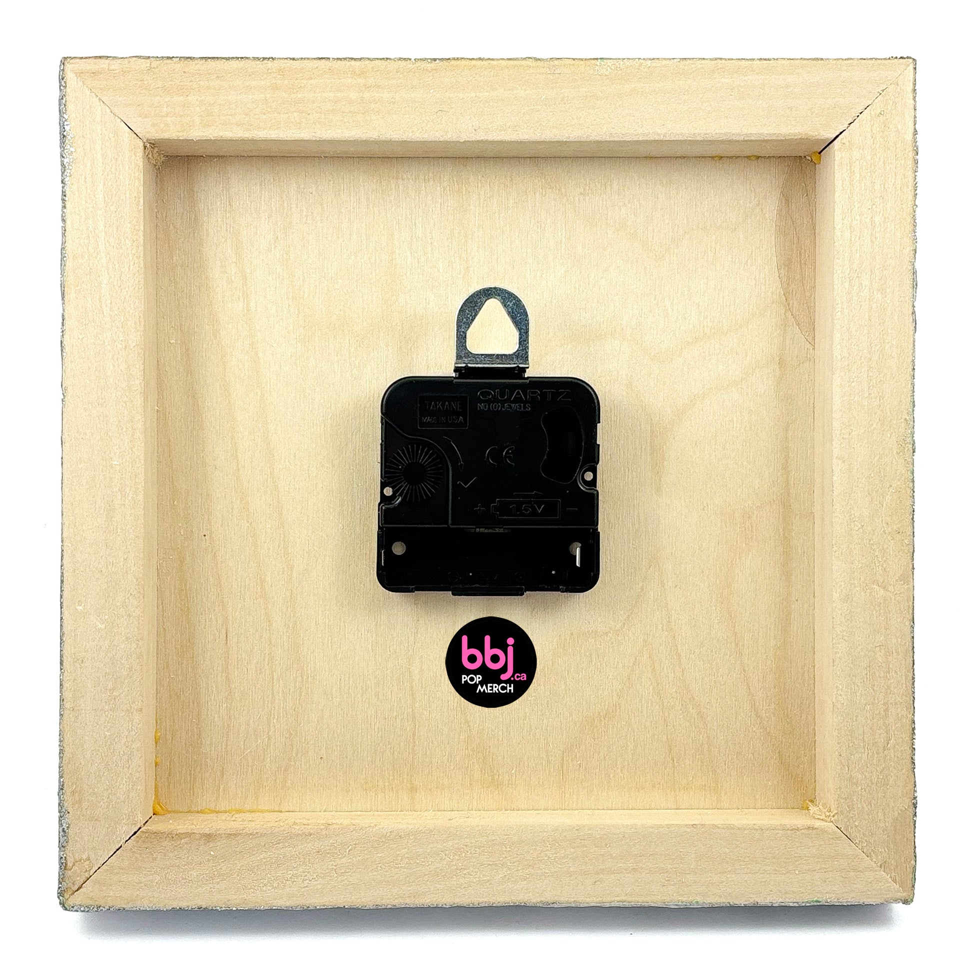 Back view of custom album cover art 8x8" wall clock: wood panel with quartz clock mechanism and hanger