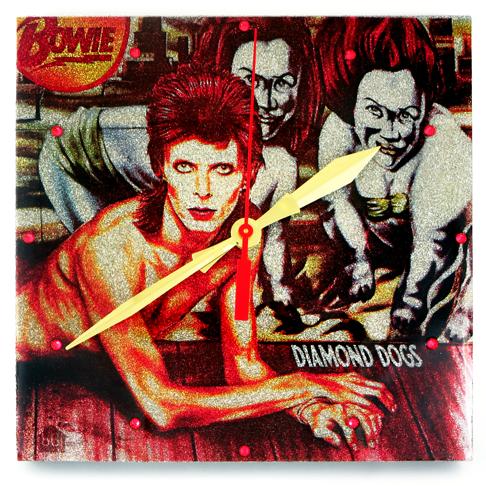 Custom Album Cover Clock 8x8" sample: David Bowie Diamond Dogs album art wall clock face with silver glitter underlay, brass hour and minute hands, red second hand, red crystal hour markers