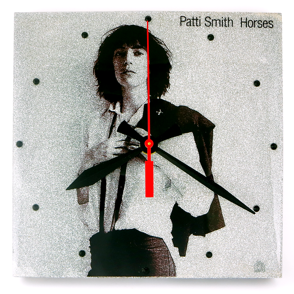 Custom Album Cover Clock 8x8" sample: Patti Smith Horses album art wall clock face with silver glitter underlay, black hour and minute hands, red second hand, black crystal hour markers