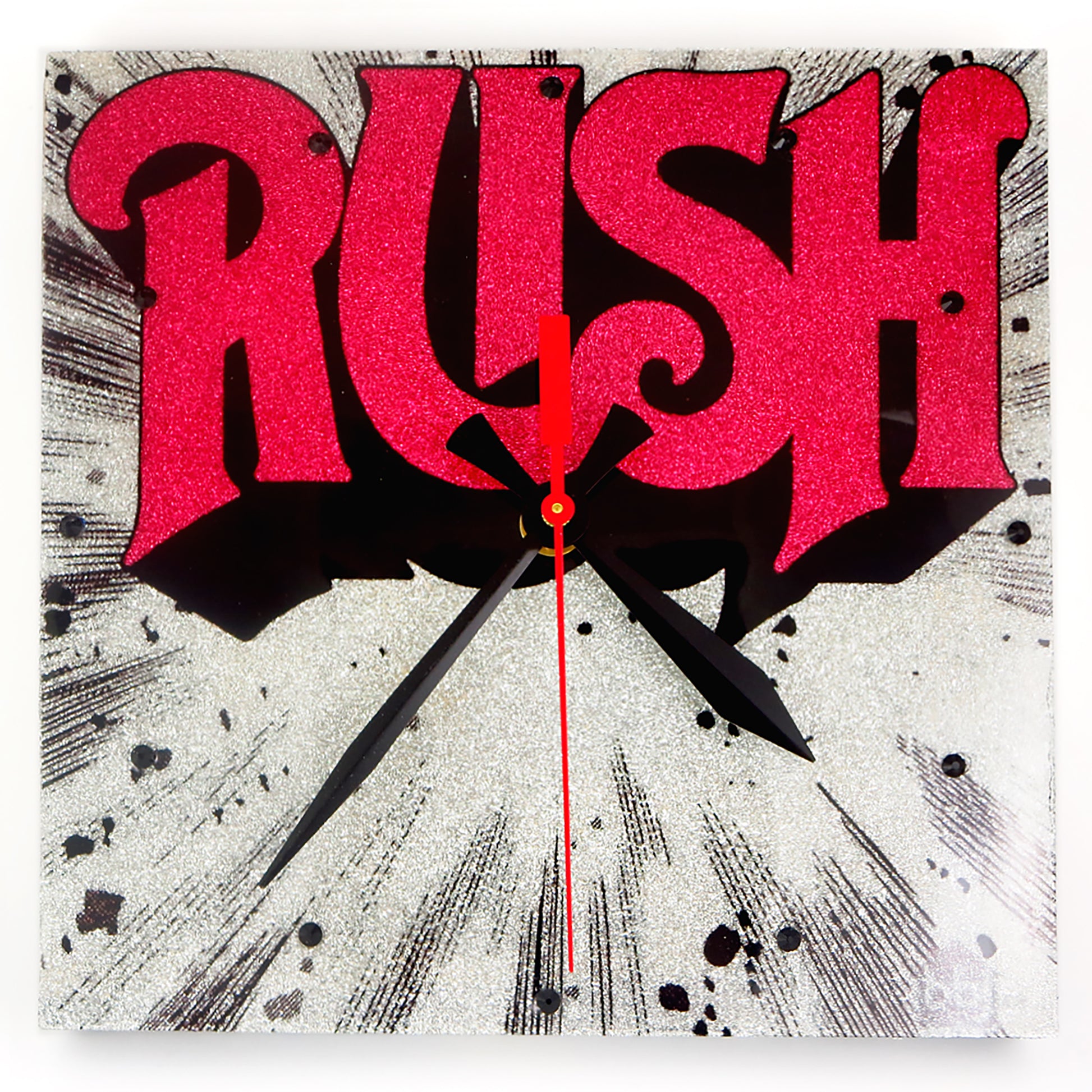 Custom Album Cover Clock 8x8" sample: Rush (self-titled) album art with silver glitter underlay, black hour and minute hands, red second hand, black crystal hour markers