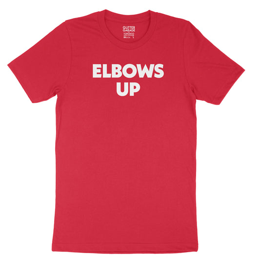 "Elbows Up" large text in white on red Canadian-made unisex tee