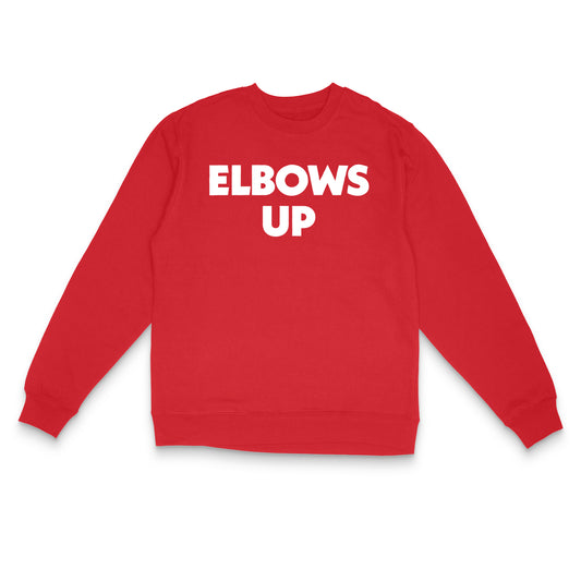 "Elbows Up" large text in white on red Canadian-made crewneck sweatshirt