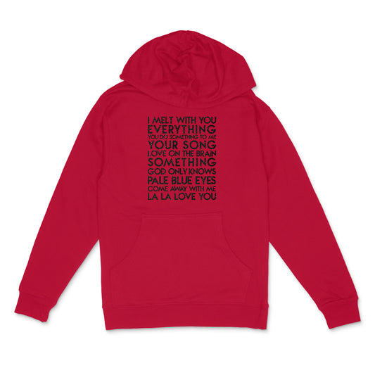 custom sample - love songs custom black glitter text on red unisex pullover hoodie - Custom YourTen sweatshirt by BBJ / Glitter Garage