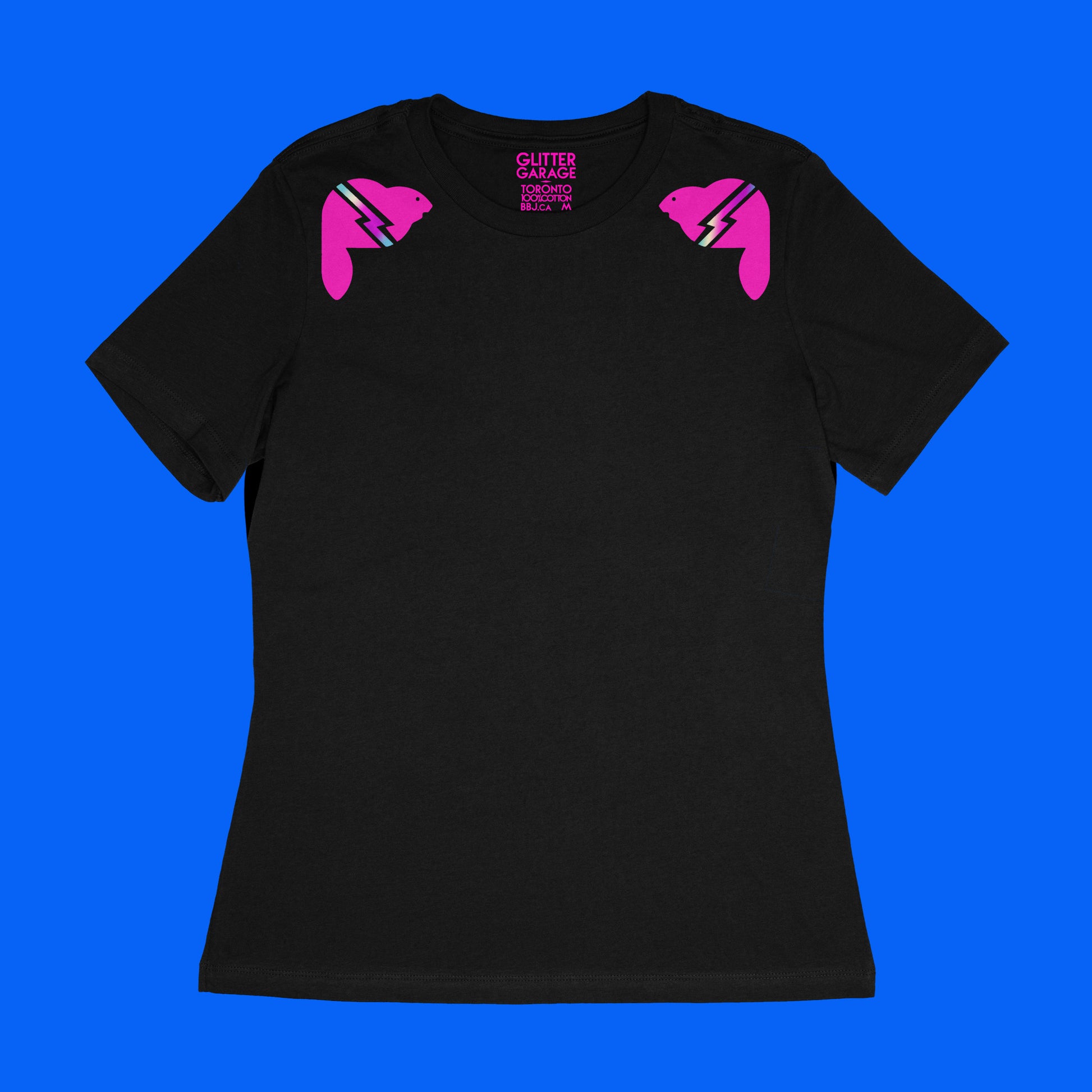 black women's relaxed fit tee with neon pink beavers with holographic lightning bolts on shoulders - by BBJ Glitter Garage