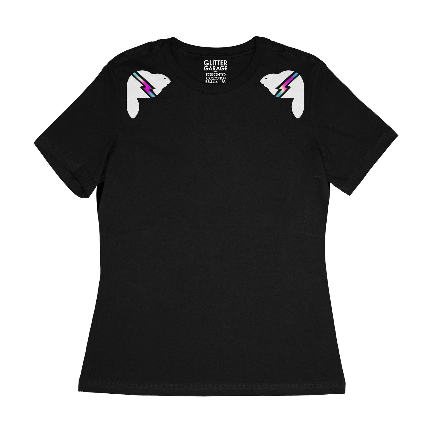 black women's relaxed fit tee with white beavers with holographic lightning bolts on shoulders - by BBJ Glitter Garage