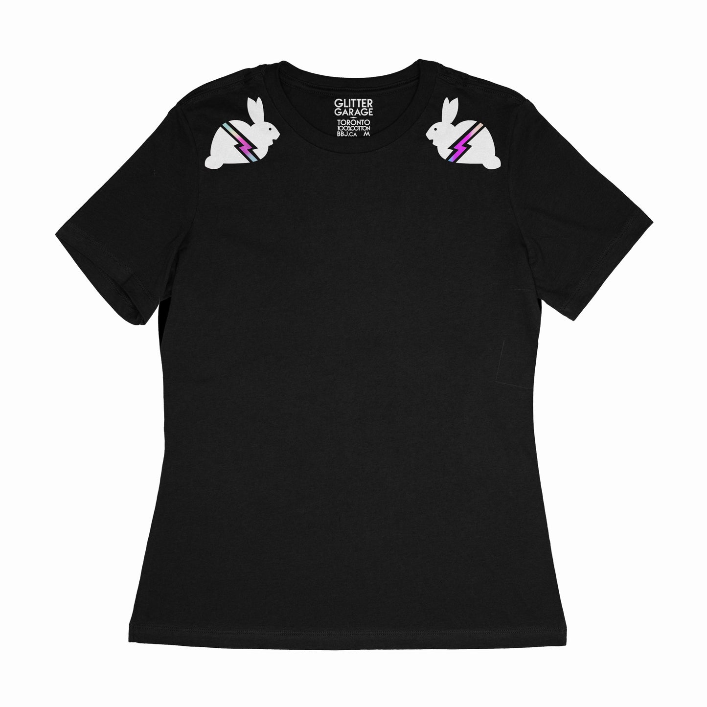 black women's relaxed fit tee with white small graphic bunnies with holographic lightning bolts on shoulders - by BBJ Glitter Garage