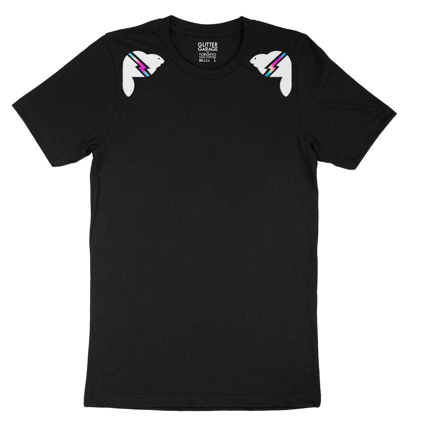 black unisex tee with white beavers with holographic lightning bolts on shoulders - by BBJ Glitter Garage