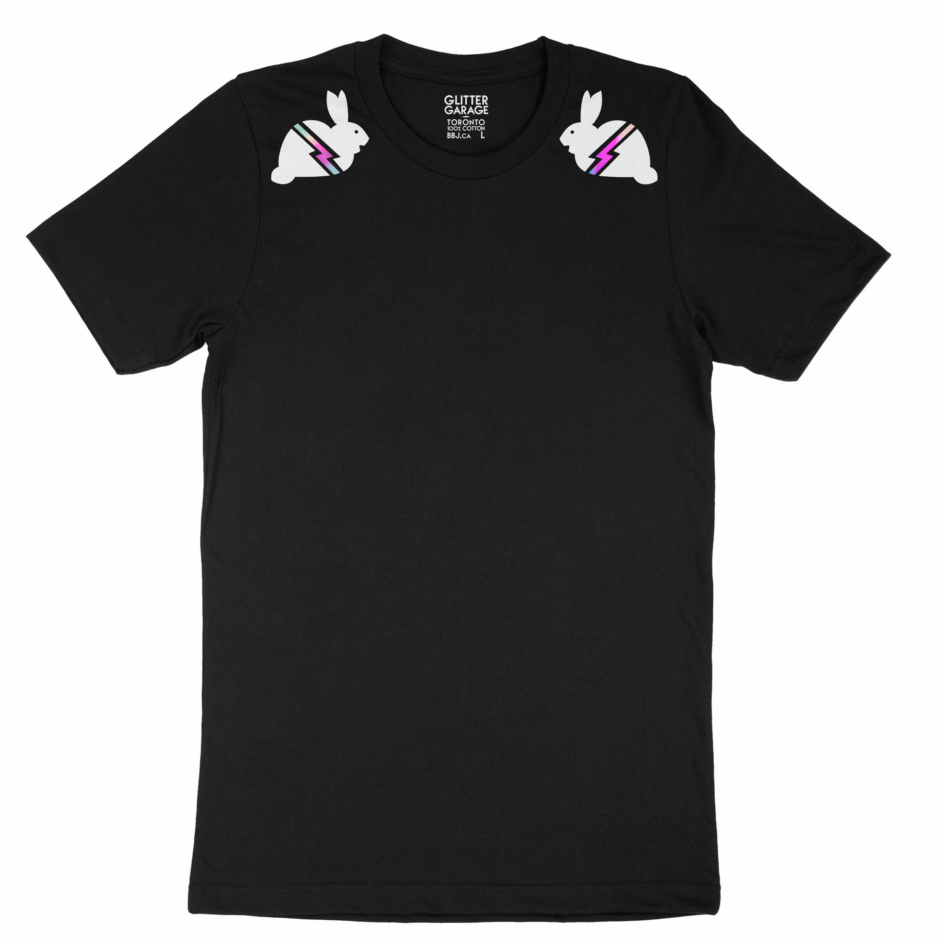 black unisex tee with white small graphic bunnies with holographic lightning bolts on shoulders - by BBJ Glitter Garage