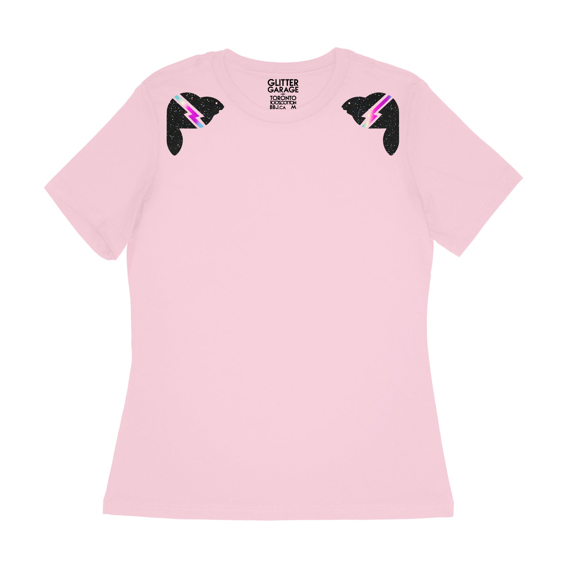 pink women's relaxed fit tee with black glitter beavers with holographic lightning bolts on shoulders - by BBJ Glitter Garage