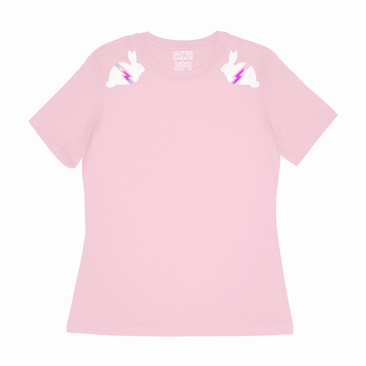 pink women's relaxed fit tee with white small graphic bunnies with holographic lightning bolts on shoulders - by BBJ Glitter Garage