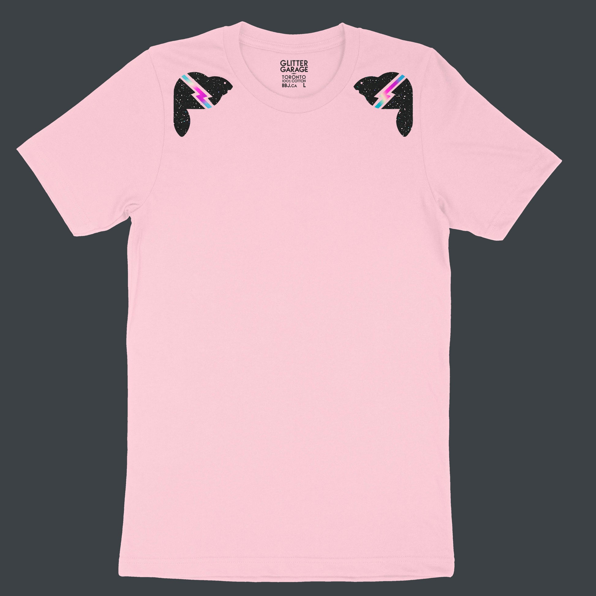 pink unisex tee with black glitter beavers with holographic lightning bolts on shoulders - by BBJ Glitter Garage