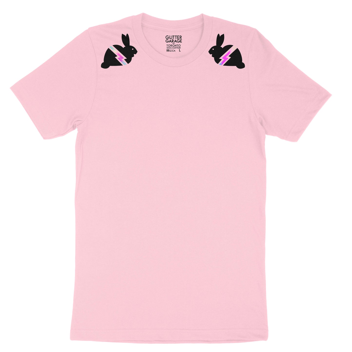 pink unisex tee with black small graphic bunnies with holographic lightning bolts on shoulders - by BBJ Glitter Garage