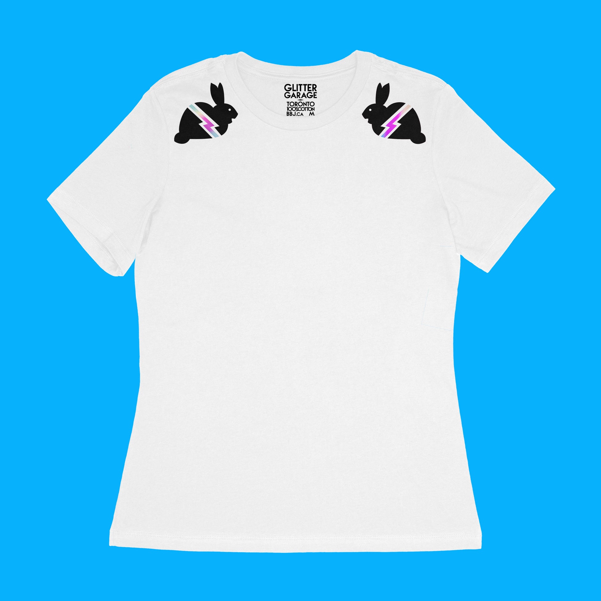 white women's relaxed fit tee with black small graphic bunnies with holographic lightning bolts on shoulders - by BBJ Glitter Garage