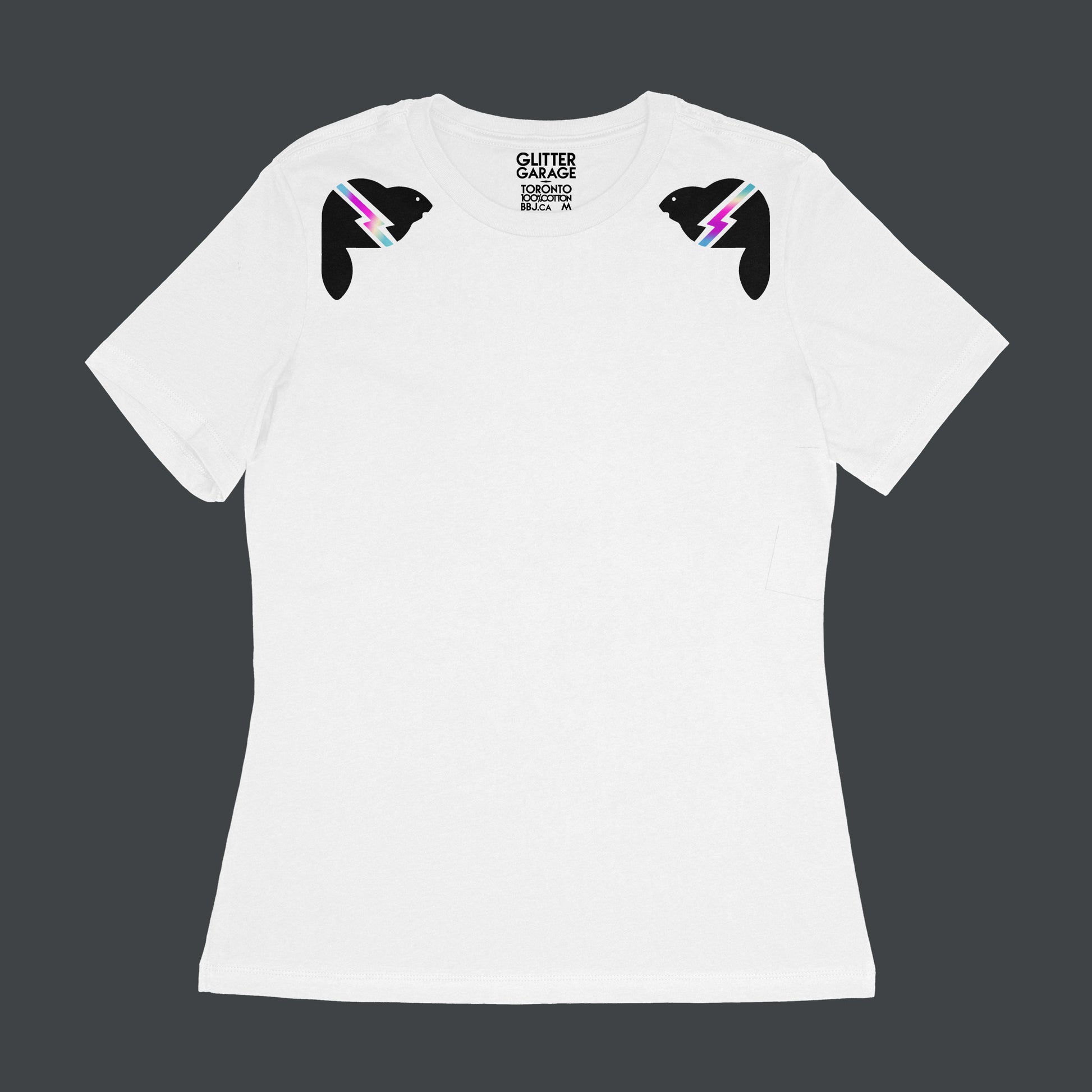 white women's relaxed fit tee with black beavers with holographic lightning bolts on shoulders - by BBJ Glitter Garage