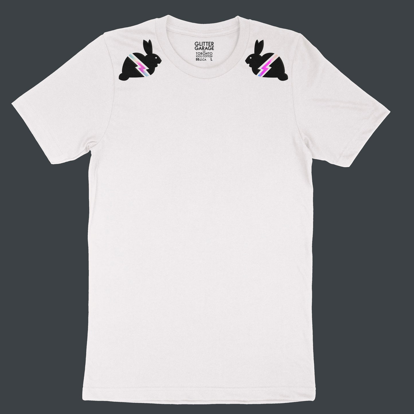 white unisex tee with black small graphic bunnies with holographic lightning bolts on shoulders - by BBJ Glitter Garage